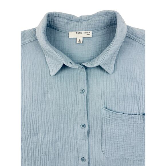 Anne Klein Gauze Shirt Button Front XL Dusty Blue Longsleeve Roll Tab - Picture 2 of 10